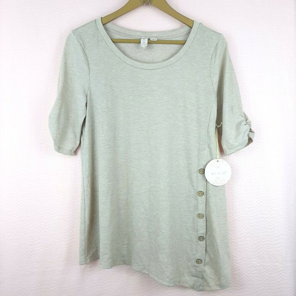 NEW Misia Women Asymmetric Top With Buttons Biege 3/4 Sleeve Size L